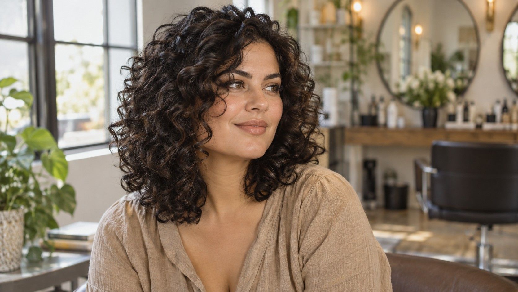 Natural curls framing a square face in window light