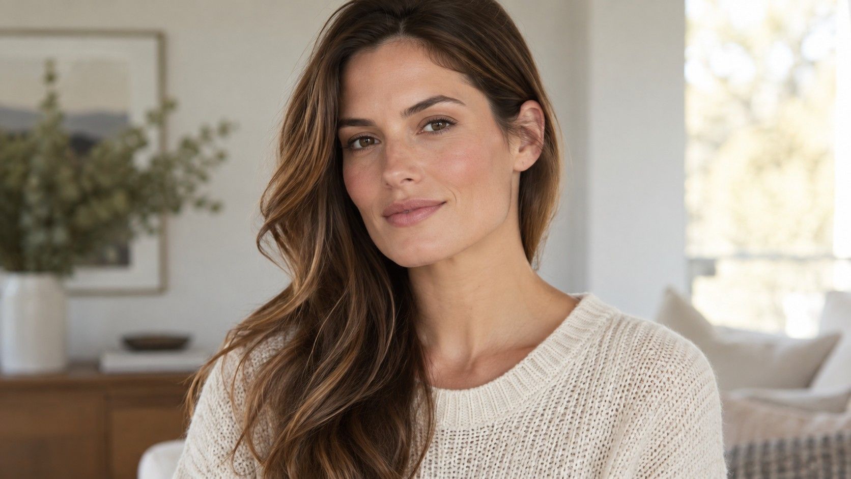 Long layered hair with a soft side part and visible jawline