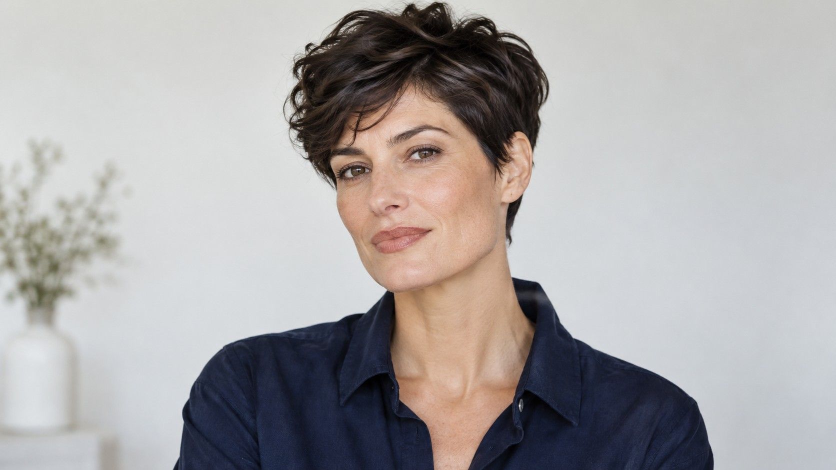 Textured short pixie with an open jawline